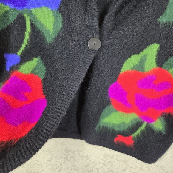 VTG Rafaella Angora Rabbit Hair Lambswool Sweater sz L Black Multicolor Floral - Picture 4 of 12